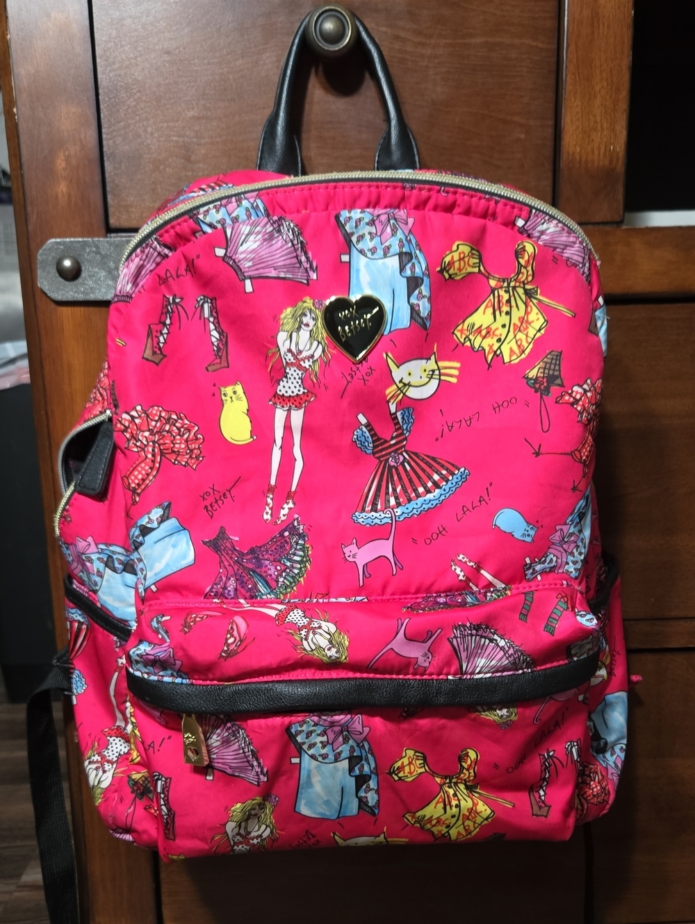 Betsey Johnson Hot Pink Fashion-Print Backpack with Playful Dress & Cat Motif